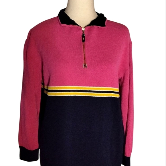 St. John Pink Yellow Color Block 1/4 Zip Knit Sweater Size Small - Picture 2 of 7
